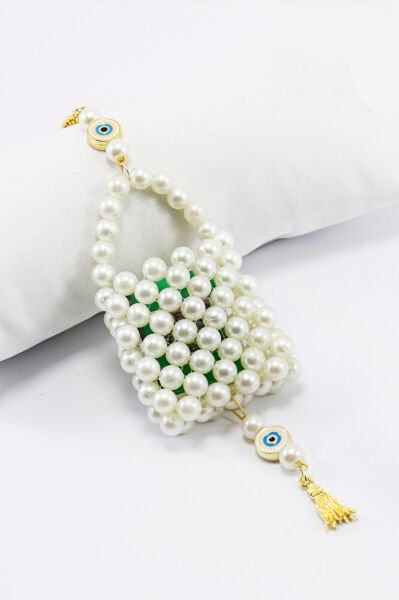 İncili Çanta Metal Nazar Boncuğu Mini Kur'an-ı Kerim Zincirli Araba Dikiz Ayna Süsü