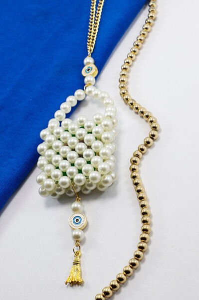 İncili Çanta Metal Nazar Boncuğu Mini Kur'an-ı Kerim Zincirli Araba Dikiz Ayna Süsü