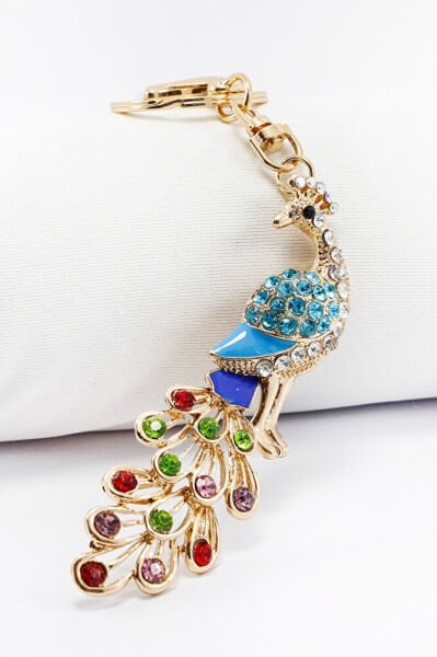 Renkli Parlak Taşlı Tavus Kuşlu Anahtarlık, Hediyelik Anahtarlık