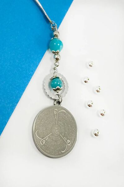 Parlak Taşlı Turkuaz Boncuklu Paslanmaz Çelik Ayetel Kürsi Felak Nas İhlas Araba Dikiz Ayna Süsü