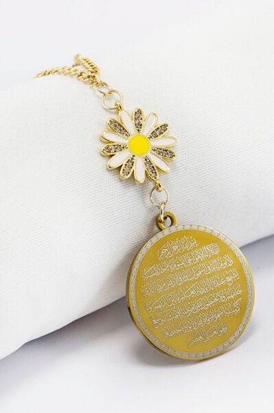 Zirkon Papatyalı Gold Çelik Çift Taraflı Ayetel Kürsi/ Nazar Ayeti Araba Dikiz Ayna Süsü Zincirli