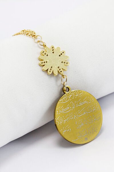 Zirkon Papatyalı Gold Çelik Çift Taraflı Ayetel Kürsi/ Nazar Ayeti Araba Dikiz Ayna Süsü Zincirli