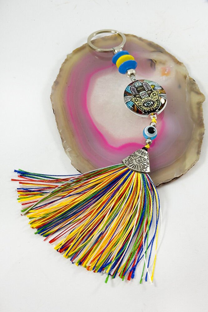 Colorful Tasseled Hamsa Hand Figured Cluster Keychain, Gift Keychain