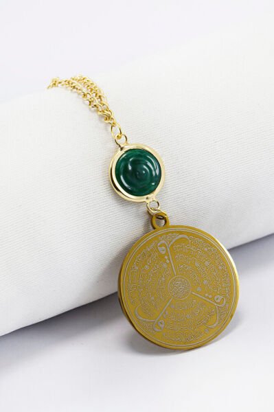 Yeşil Cam Nazar Boncuklu Gold Çelik Allah Lafzı Ayetel Kürsi Felak Nas İhlas Dikiz Ayna Süsü (3,5cm)