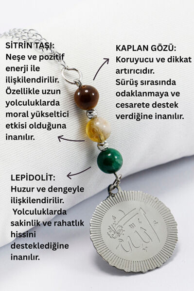 Doğal Taşlı Çelik Allah Lafzı Araba Dikiz Ayna Süsü, Kaplan Gözü, Sitrin Taşı, Lepidolit 8mm