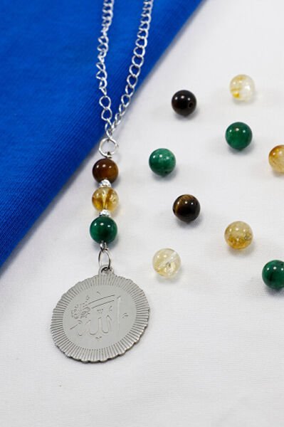 Doğal Taşlı Çelik Allah Lafzı Araba Dikiz Ayna Süsü, Kaplan Gözü, Sitrin Taşı, Lepidolit 8mm