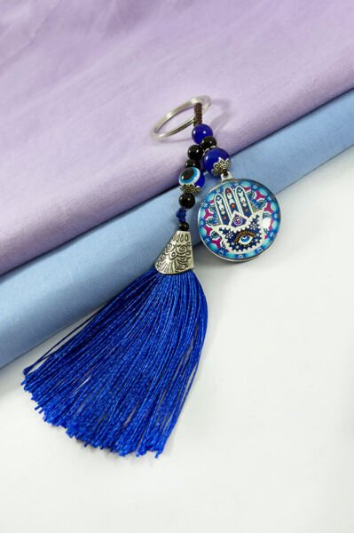 Navy Blue Tasseled Colorful Hamsa Hand Figured Cluster Keychain, Gift Keychain