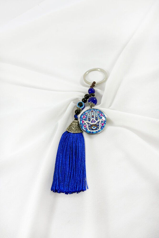Navy Blue Tasseled Colorful Hamsa Hand Figured Cluster Keychain, Gift Keychain