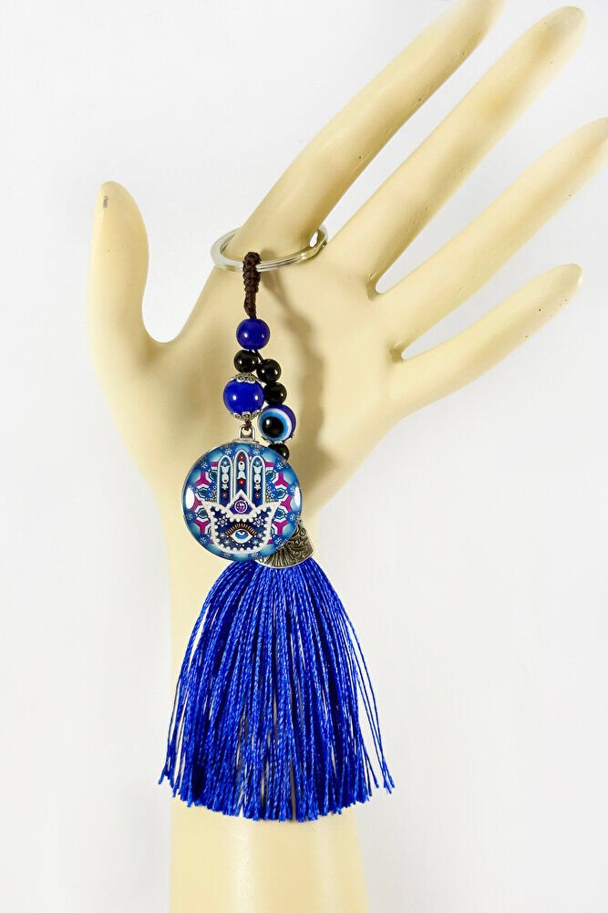 Navy Blue Tasseled Colorful Hamsa Hand Figured Cluster Keychain, Gift Keychain