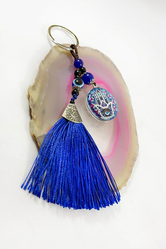 Navy Blue Tasseled Colorful Hamsa Hand Figured Cluster Keychain, Gift Keychain