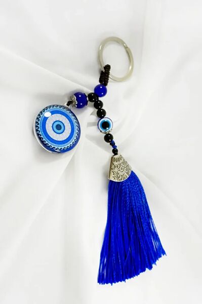 Navy Blue Tassel Evil Eye Bead Cluster Keychain, Gift Keychain