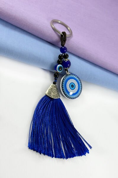 Navy Blue Tassel Evil Eye Bead Cluster Keychain, Gift Keychain