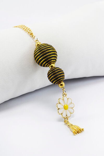 Siyah Gold Özel Tasarım Boncuklu Püsküllü Papatya Araba Dikiz Ayna Süsü, Araba Hediyesi