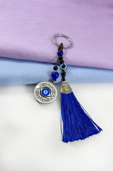 Lacivert Püsküllü Nazar Göz Salkım Anahtarlık, Hediyelik Anahtarlık