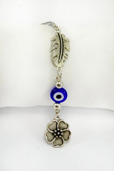 El Yapımı Cam Nazar Boncuklu Metal Çiçekli Yaprak Araba Dikiz Ayna Süsü