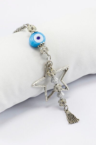 Parlak Taşlı ve Cam Nazar Boncuklu Metal Yıldız Dikiz Ayna Süsü / Yılbaşı Ağacı Süsü