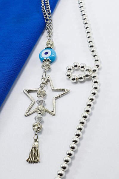 Parlak Taşlı ve Cam Nazar Boncuklu Metal Yıldız Dikiz Ayna Süsü / Yılbaşı Ağacı Süsü