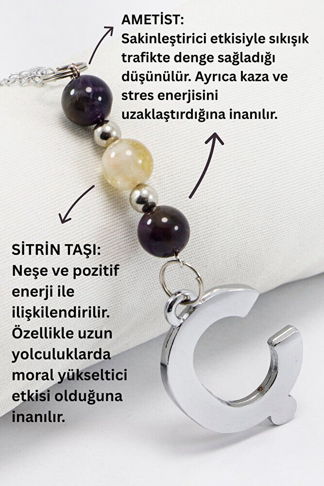 Doğal Taşlı Gümüş Renk Ç Harfi Araba Dikiz Ayna Süsü, Ametist, Sitrin Taşlı Zincirli Araba Hediyesi