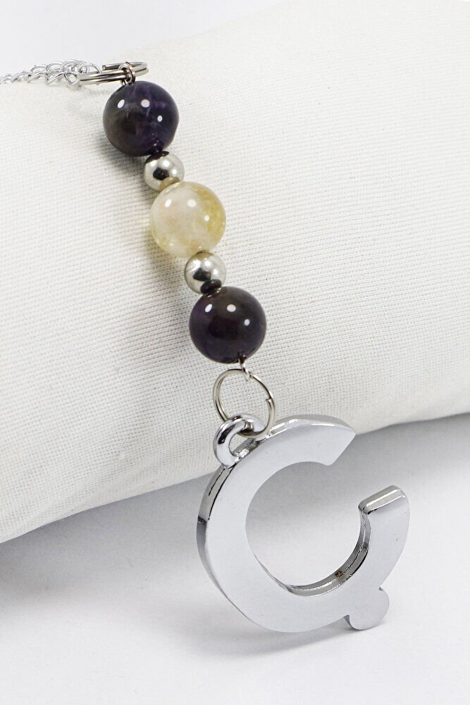 Doğal Taşlı Gümüş Renk Ç Harfi Araba Dikiz Ayna Süsü, Ametist, Sitrin Taşlı Zincirli Araba Hediyesi