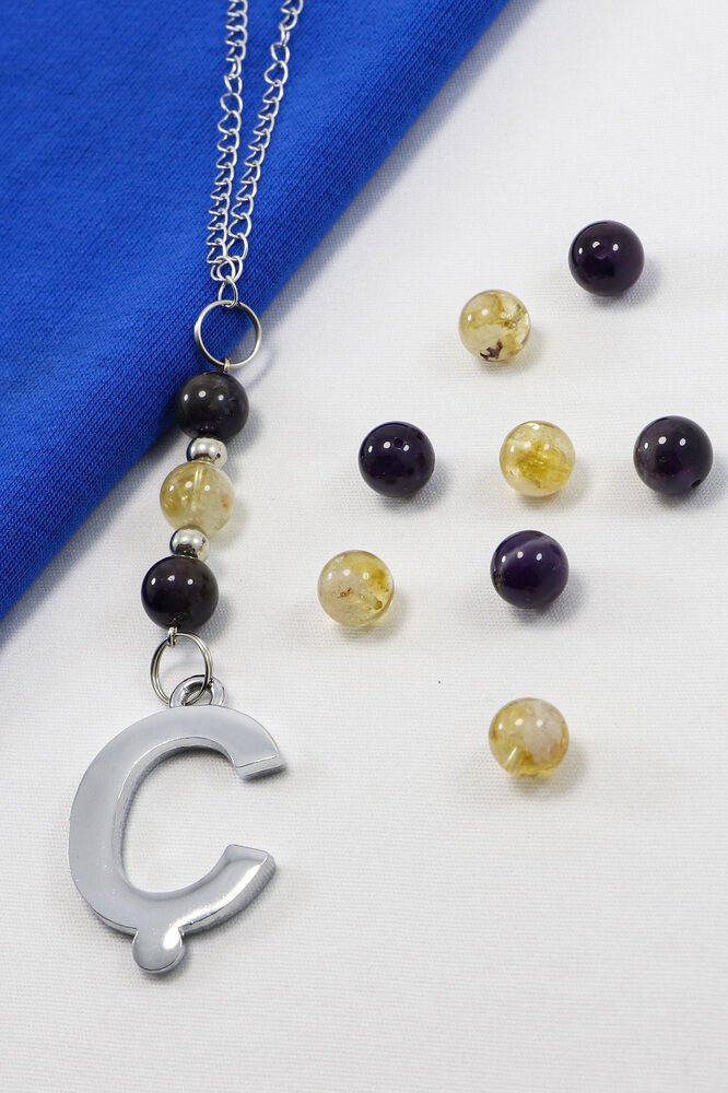 Doğal Taşlı Gümüş Renk Ç Harfi Araba Dikiz Ayna Süsü, Ametist, Sitrin Taşlı Zincirli Araba Hediyesi