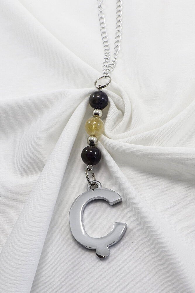 Doğal Taşlı Gümüş Renk Ç Harfi Araba Dikiz Ayna Süsü, Ametist, Sitrin Taşlı Zincirli Araba Hediyesi