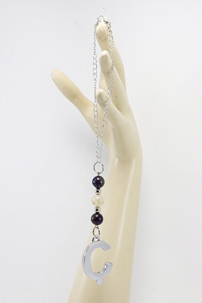 Doğal Taşlı Gümüş Renk Ç Harfi Araba Dikiz Ayna Süsü, Ametist, Sitrin Taşlı Zincirli Araba Hediyesi