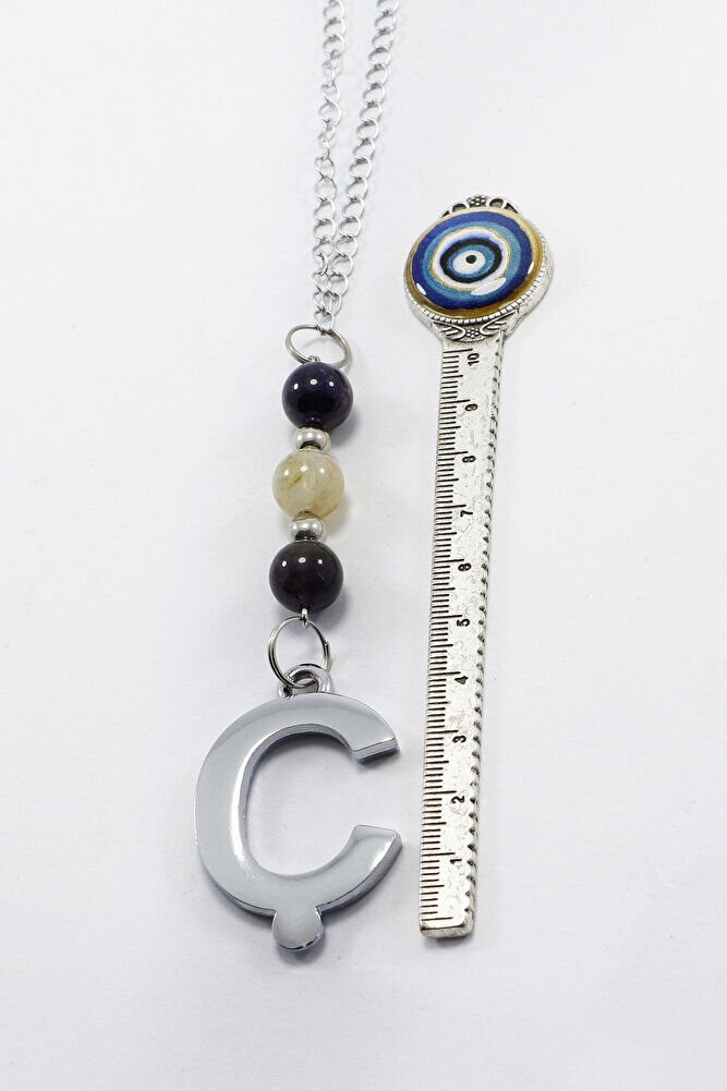 Doğal Taşlı Gümüş Renk Ç Harfi Araba Dikiz Ayna Süsü, Ametist, Sitrin Taşlı Zincirli Araba Hediyesi