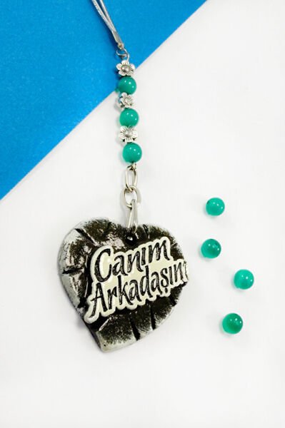 Turkuaz Doğal Taşlı Canım Arkadaşım Yazılı Kalpli Araba Dikiz Ayna Süsü