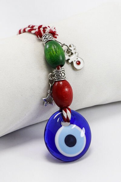 El Yapımı Lacivert Cam Nazar Boncuklu Yılbaşı Figürlü Dikiz Ayna Süsü, Christmas Araç Süsü