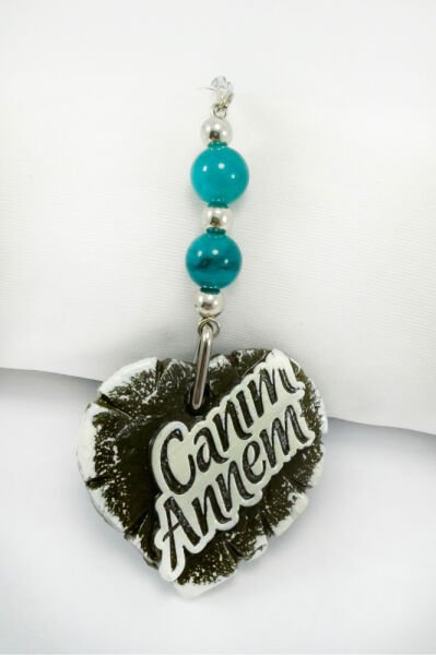 Turkuaz Doğal Taşlı Canım Annem Yazılı Kalpli Araba Dikiz Ayna Süsü