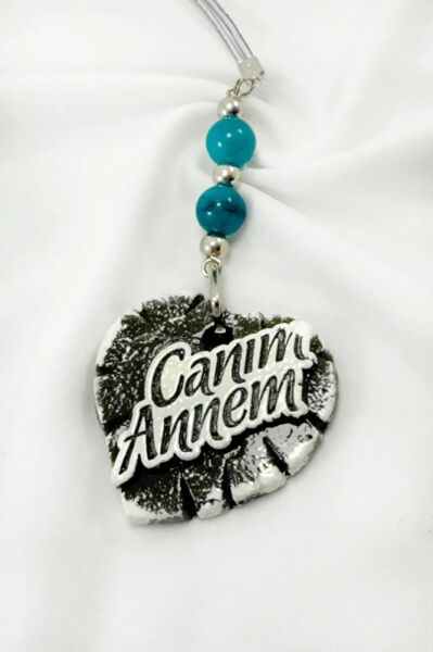 Turkuaz Doğal Taşlı Canım Annem Yazılı Kalpli Araba Dikiz Ayna Süsü