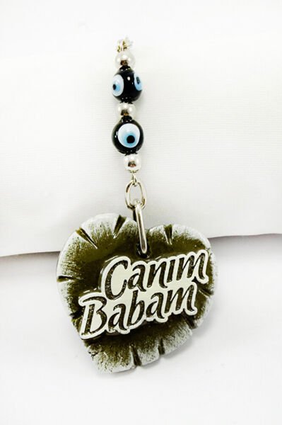 El Yapımı Siyah Cam Nazar Boncuklu Canım Babam Yazılı Kalpli Araba Dikiz Ayna Süsü