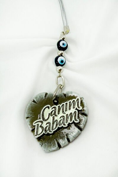 El Yapımı Siyah Cam Nazar Boncuklu Canım Babam Yazılı Kalpli Araba Dikiz Ayna Süsü