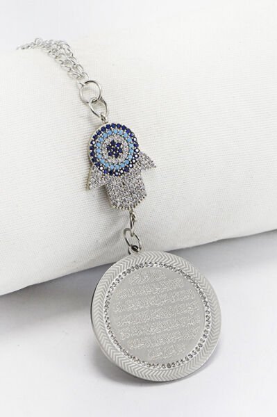 Zirkon Taşlı Hamseli Parlak Çerçeveli Çift Yön Ayetel Kürsi Hat Fatiha Suresi Çelik Dikiz Ayna Süsü