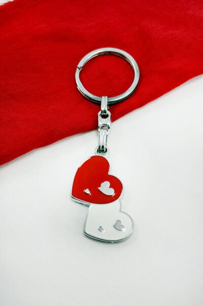 Red and White Metal Interlocking Heart Keychain, Gift Bag Ornament