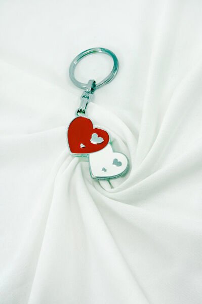Red and White Metal Interlocking Heart Keychain, Gift Bag Ornament