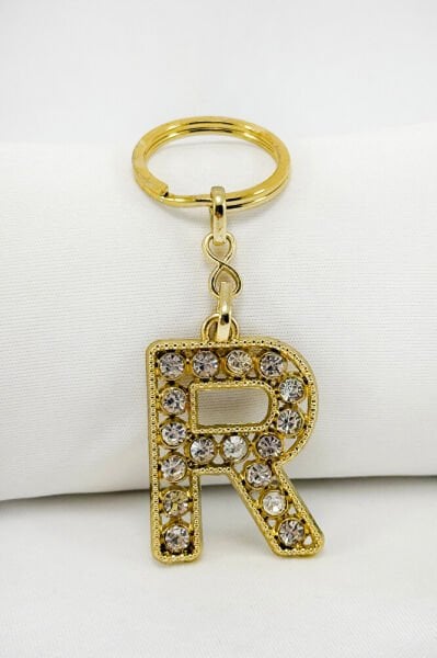 Gold Color Shiny Stone Letter R Keychain, Gift Letter Keychain