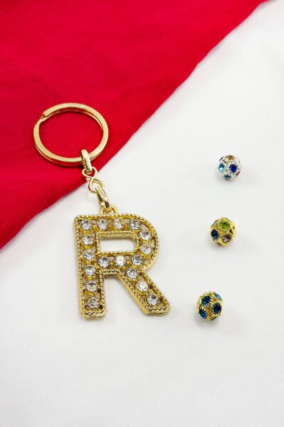 Gold Color Shiny Stone Letter R Keychain, Gift Letter Keychain