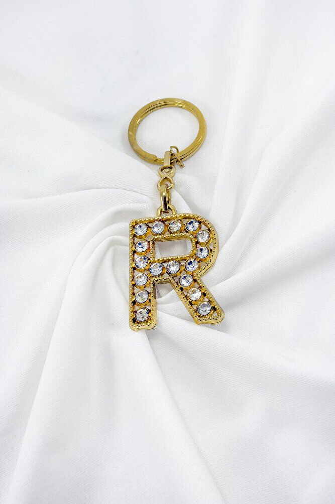 Gold Color Shiny Stone Letter R Keychain, Gift Letter Keychain