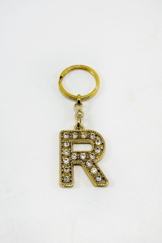 Gold Color Shiny Stone Letter R Keychain, Gift Letter Keychain
