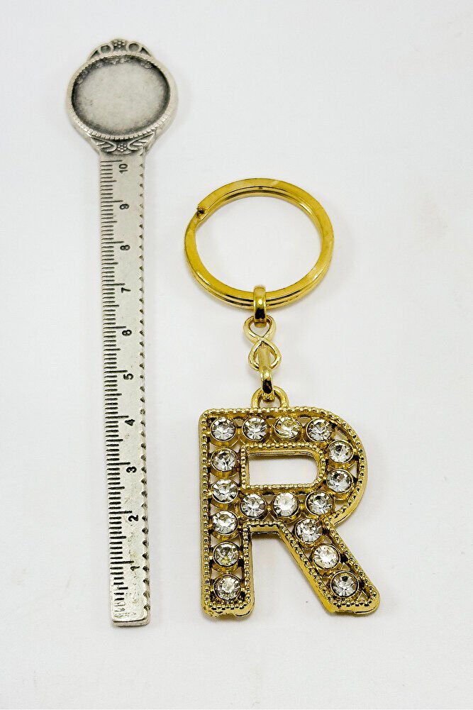 Gold Color Shiny Stone Letter R Keychain, Gift Letter Keychain