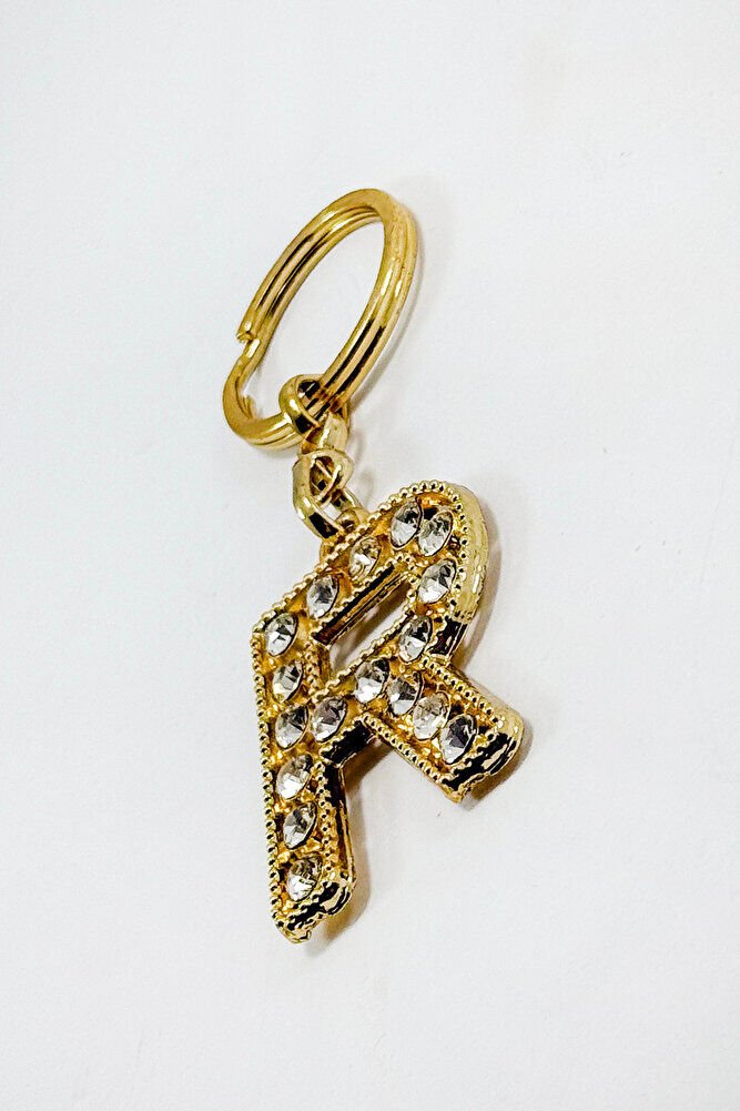 Gold Color Shiny Stone Letter R Keychain, Gift Letter Keychain