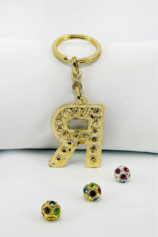 Gold Color Shiny Stone Letter R Keychain, Gift Letter Keychain
