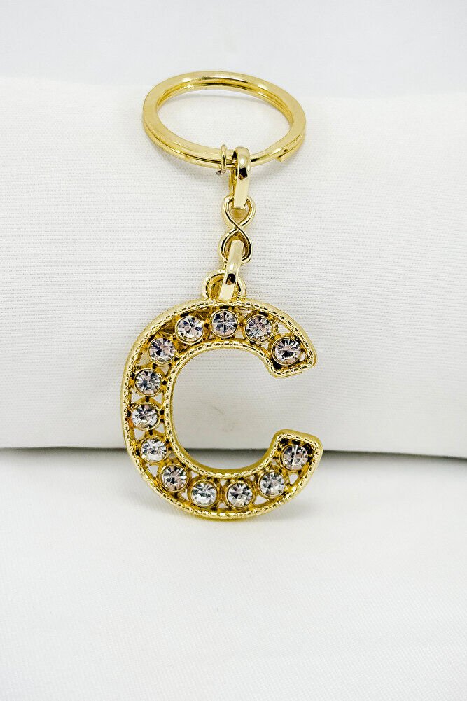Gold Color Shiny Stone Letter C Keychain, Gift Letter Keychain