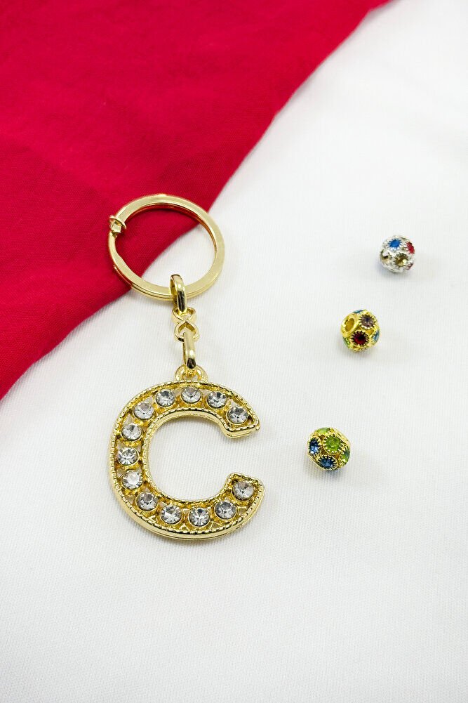 Gold Color Shiny Stone Letter C Keychain, Gift Letter Keychain
