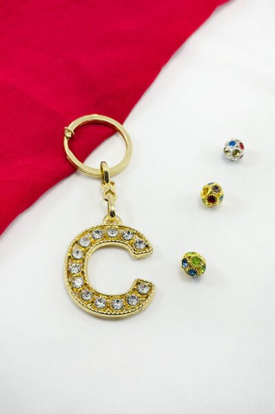 Gold Color Shiny Stone Letter C Keychain, Gift Letter Keychain
