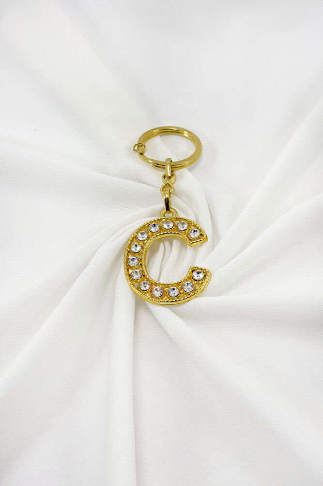 Gold Color Shiny Stone Letter C Keychain, Gift Letter Keychain