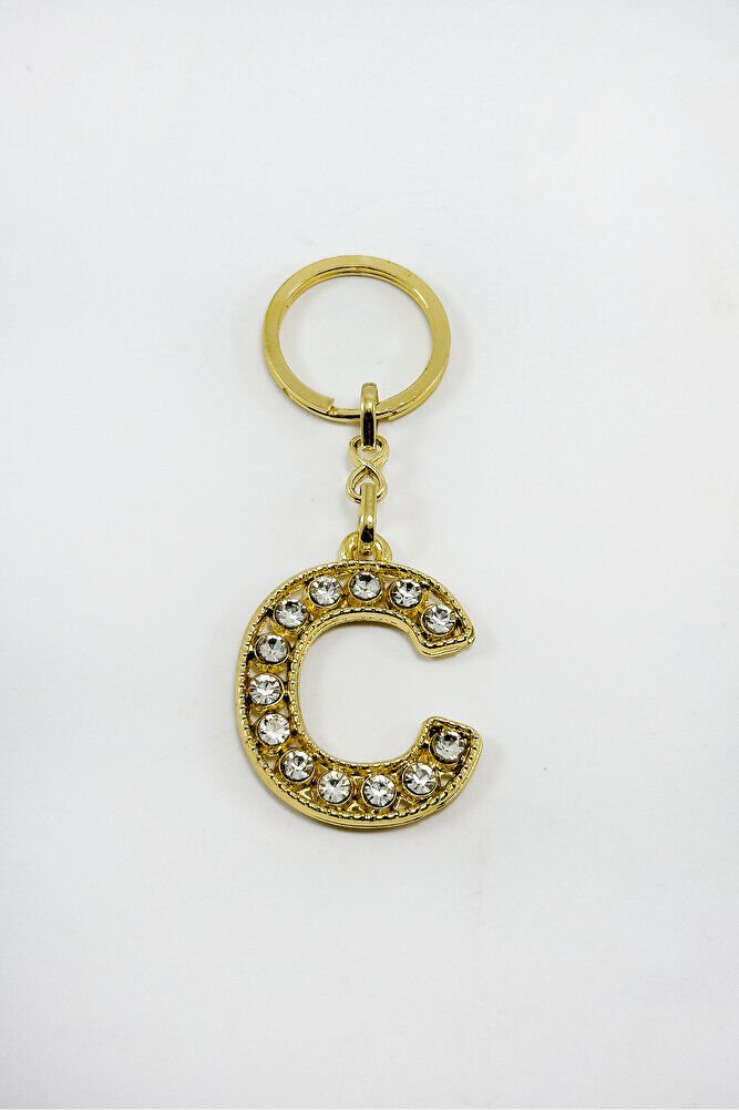Gold Color Shiny Stone Letter C Keychain, Gift Letter Keychain