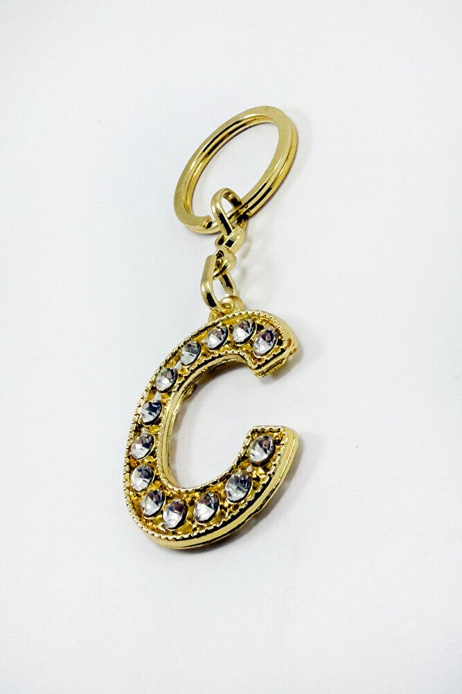 Gold Color Shiny Stone Letter C Keychain, Gift Letter Keychain