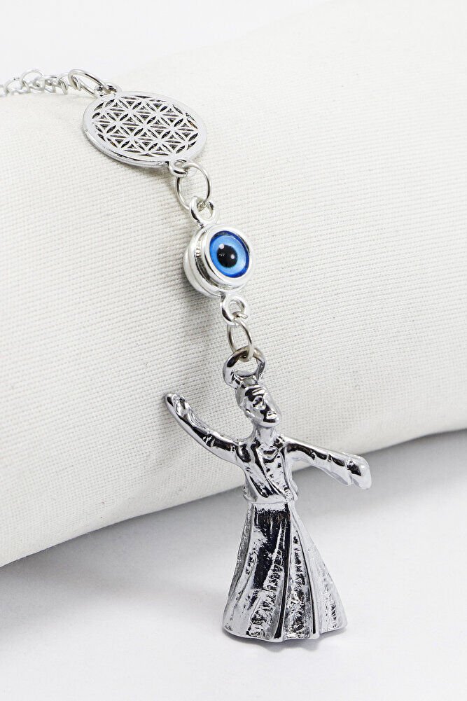 Gümüş Renkli Yaşam Çiçekli Çerçeveli Nazar Boncuklu Semazenli Dikiz Ayna Süsü